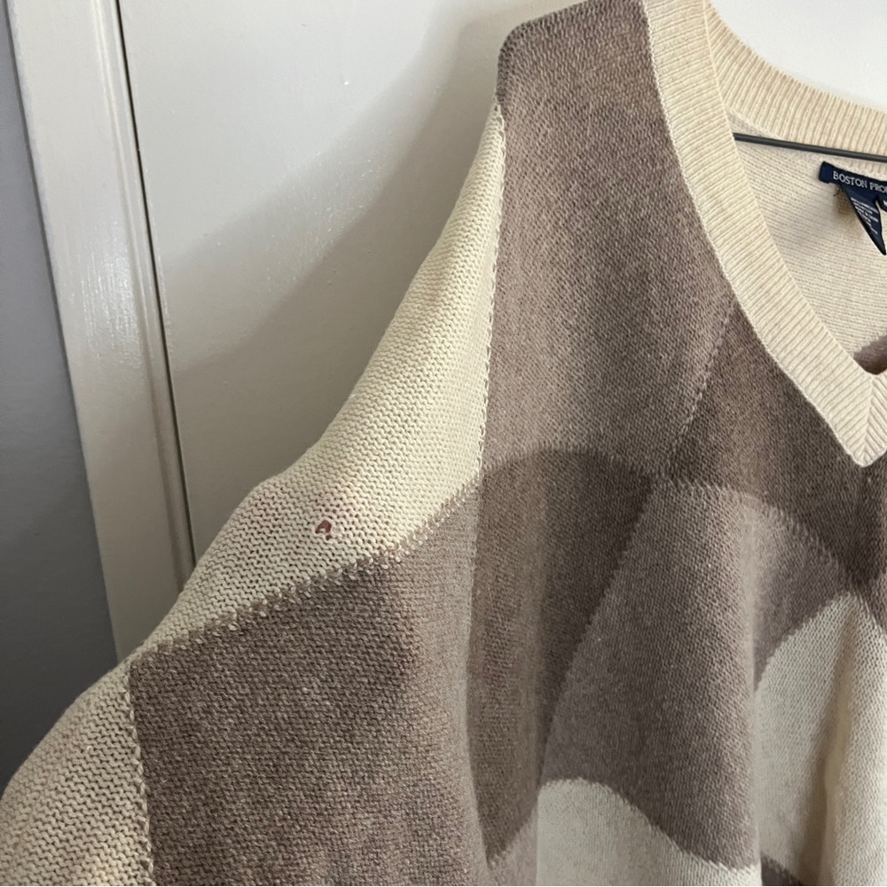 Boston Proper Cream Lambswool Plaid Preppy Relaxed Knit V Neck Poncho Sweater - Picture 5 of 7